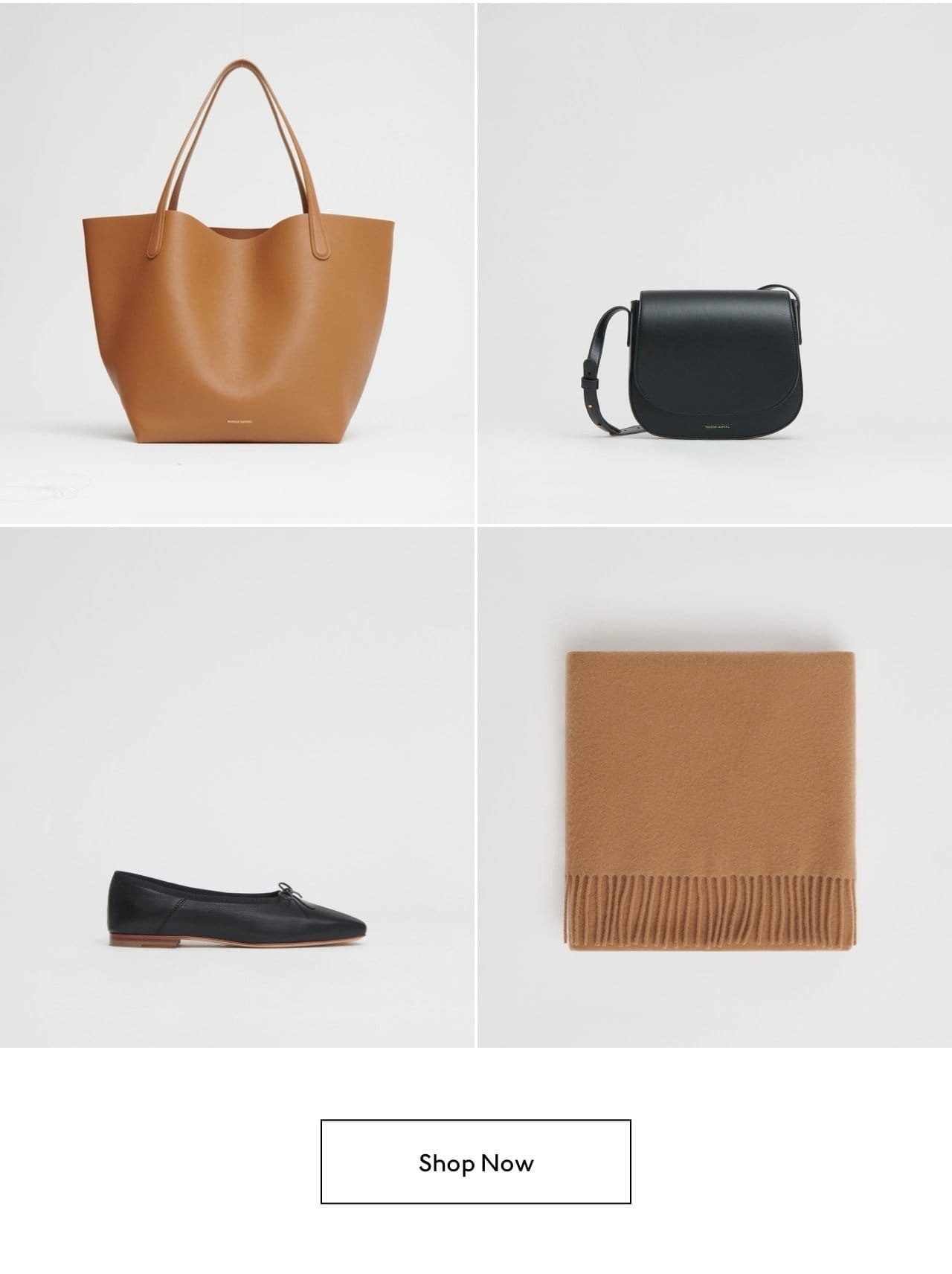 Shop our Everyday Soft Tote in Caramel, our Mini Crossbody in Black Vegetable Tanned Leather, our Dream Ballerina in Black, and our Classic Wool Wrap Scarf in Camel.