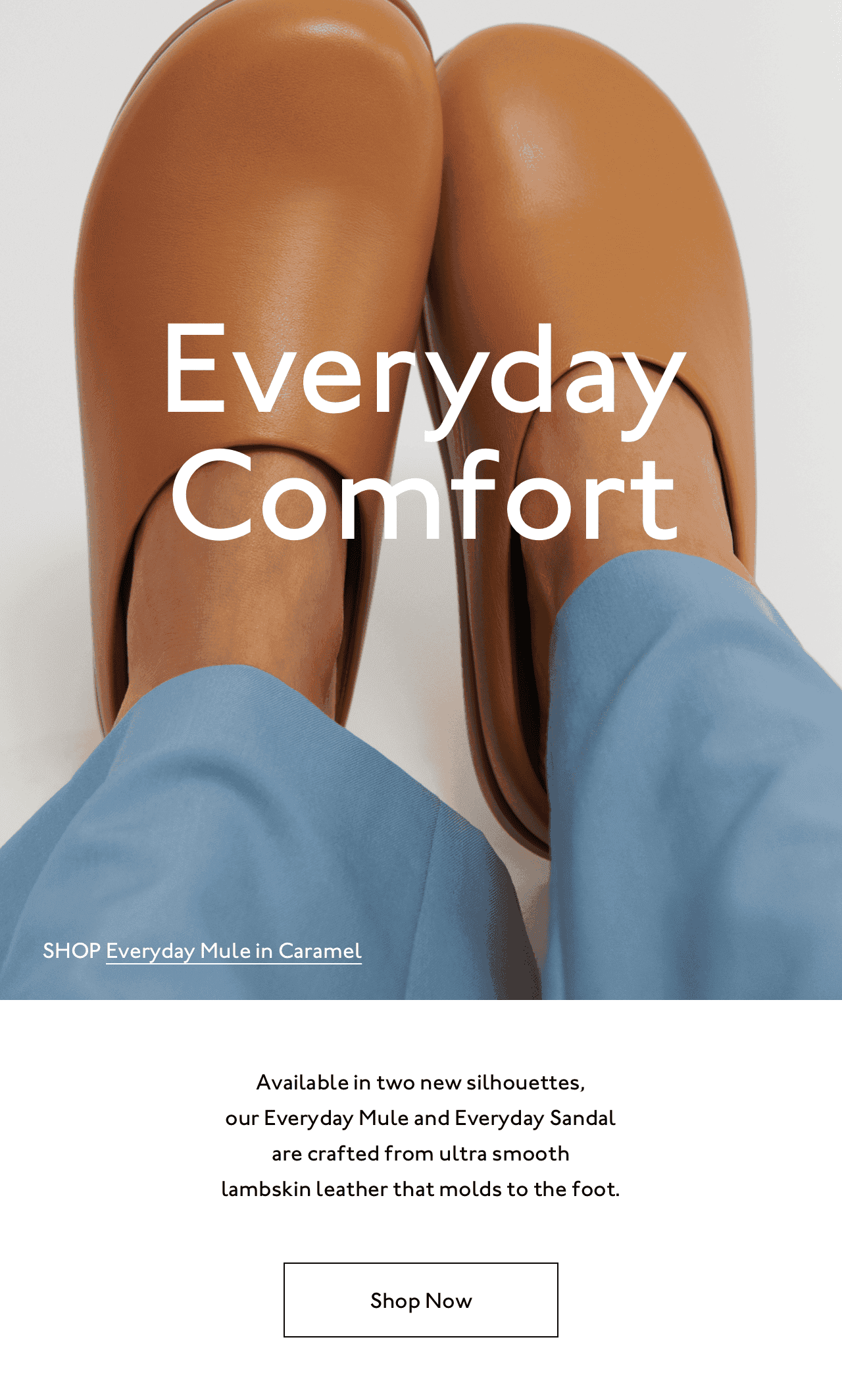 Everyday comfort. Shop two new silhouettes, our Everyday Mule and Everyday Sandal, crafted from ultra smooth lambskin leather that molds to the foot.