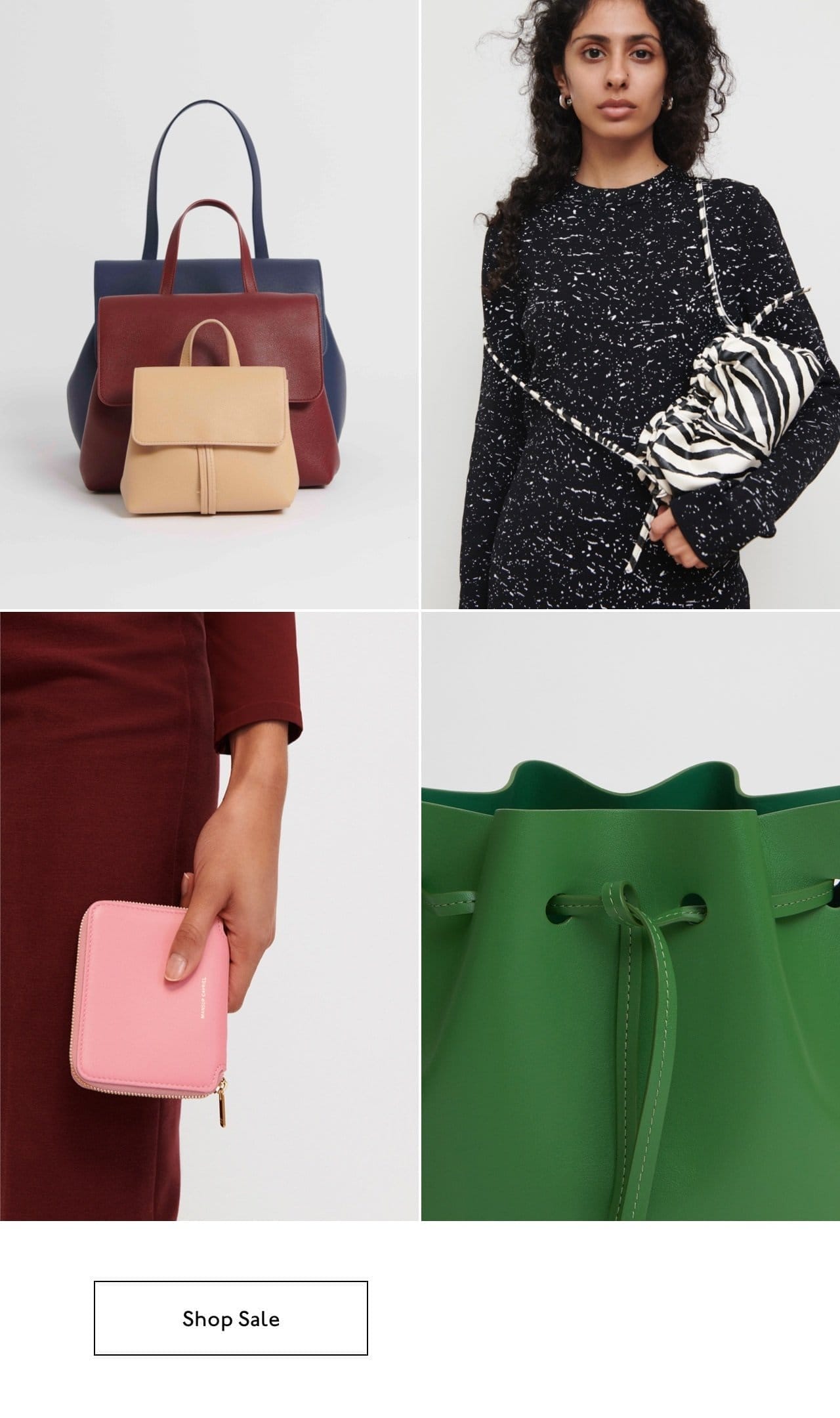 Pictured: new sale styles such as the Soft Lady bag family, the Mini Cloud Clutch in Zebra, the Zip Card Case in Flamingo, and the Vegan Apple Bucket in Jade.