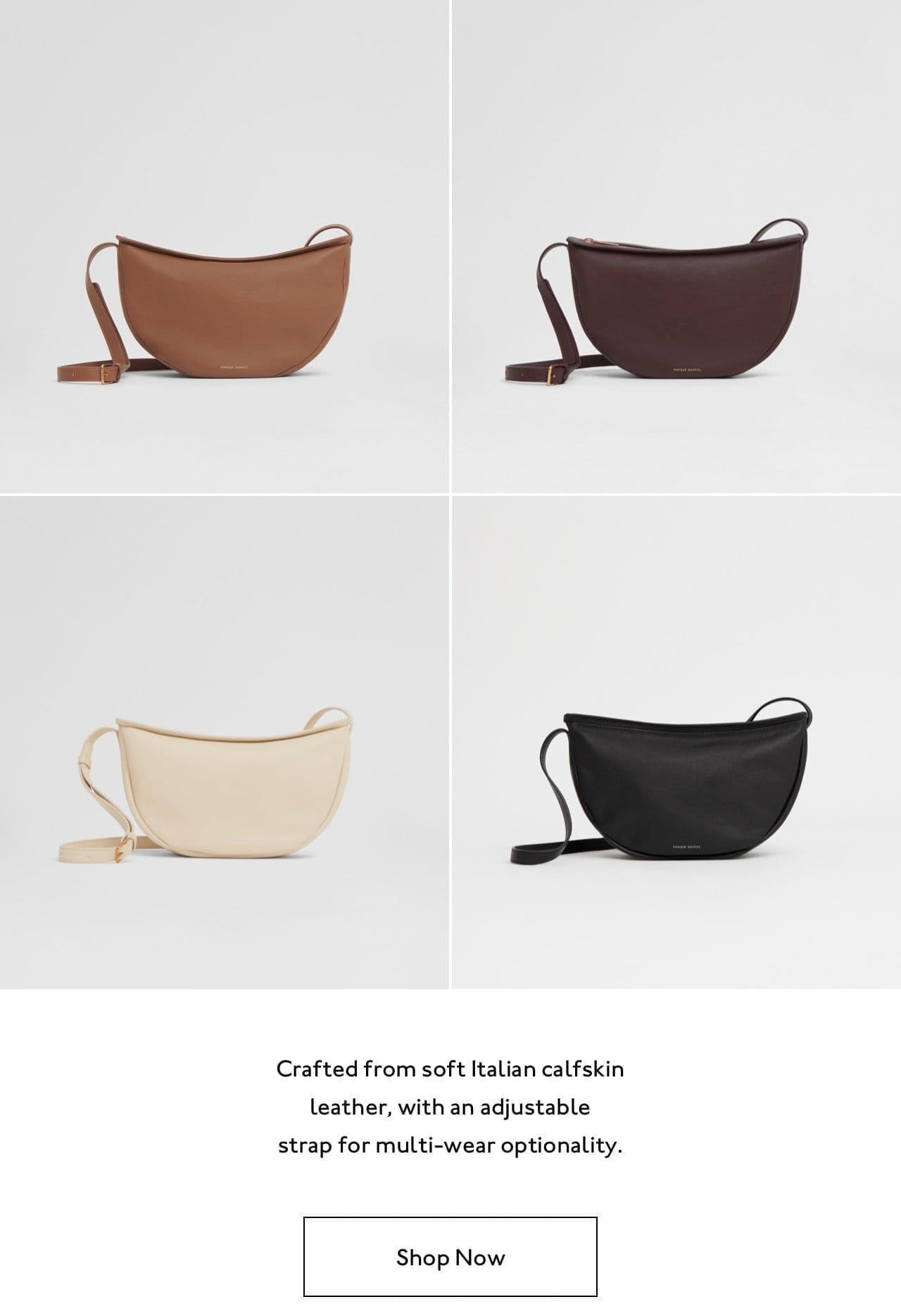 Crafted from soft Italian calfskin leahter, with an adjustable strap for multi-wear optionality.
