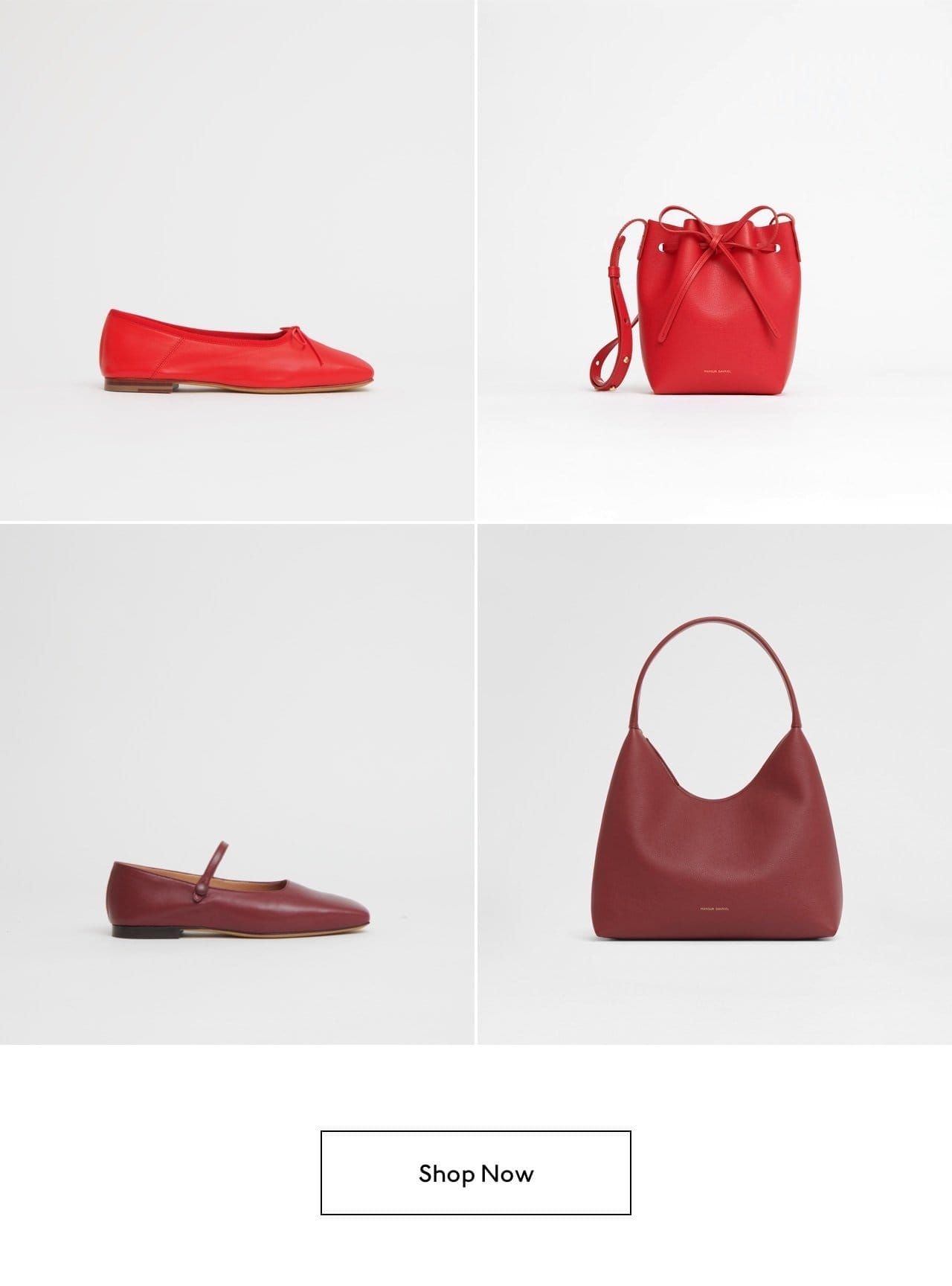 Pictured: bold red and claret bags and shoes paired together.