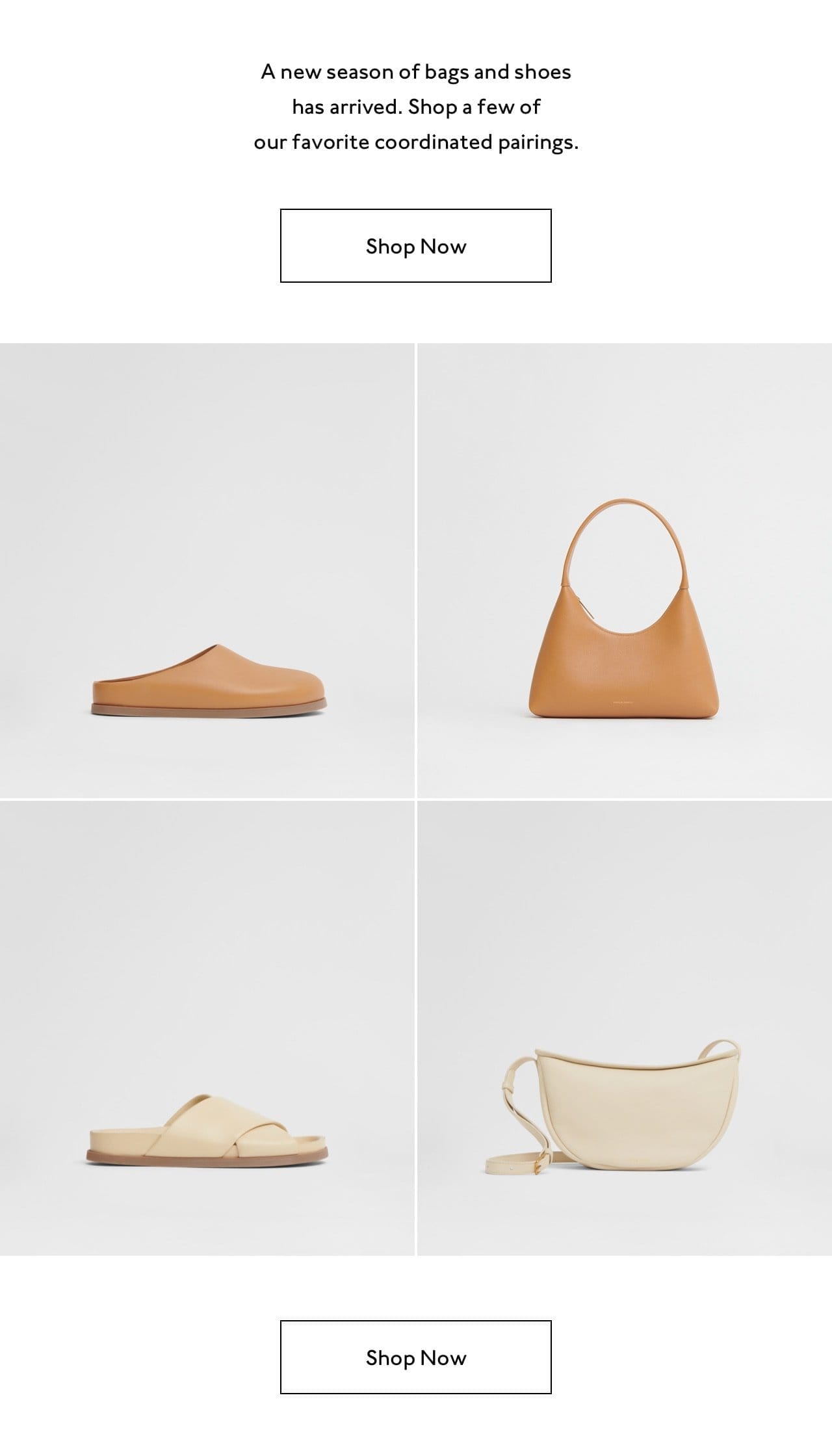 Pictured: light neutral bags and shoes paired together.