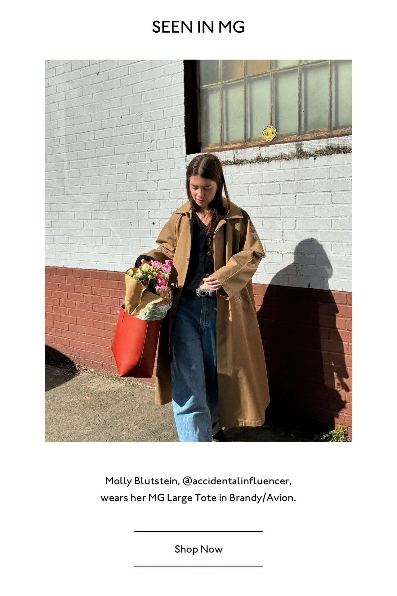Seen in MG: Molly Blutstein, @accidentalinfluencer, wears her MG Large Tote in Brandy/Avion. Shop now.