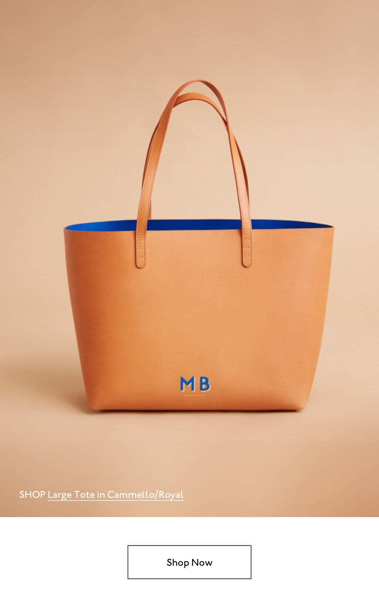 Shop our monogrammable totes now and receive up to three complimentary hand painted letters with your purchase. Pictured: Large Tote in Cammello/Royal with a monogram.