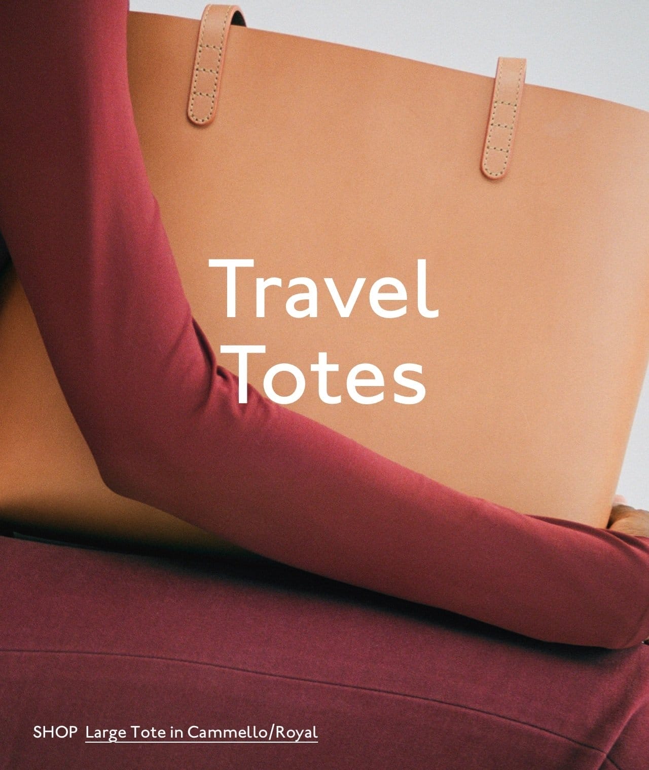 Shop travel totes. Pictured: Large Tote in Cammello/Royal.
