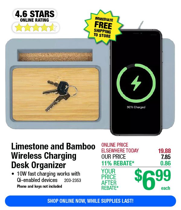 Limestone and Bamboo Wireless Charging Desk Organizer