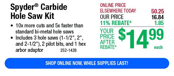 Spyder® Carbide Hole Saw Kit - While Supplies Last!