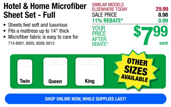 Hotel & Home Microfiber Sheet Set - Full-ONLY \\$7.99 After Rebate*