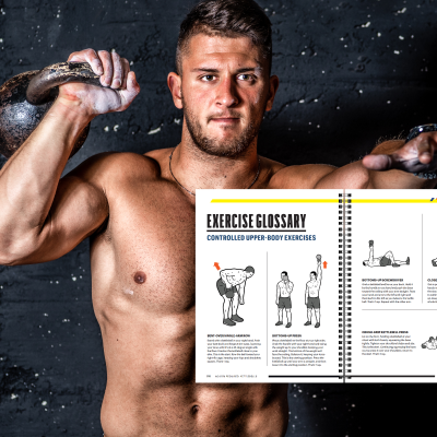Man with a kettlebell and the exercise glossary page