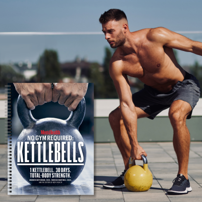 man with a kettlebell and the cover of No Gym Required: Kettlebells