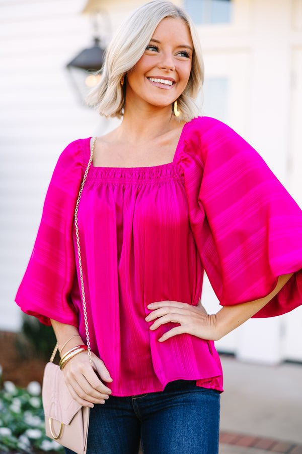 All For Love Magenta Pink Satin Striped Blouse