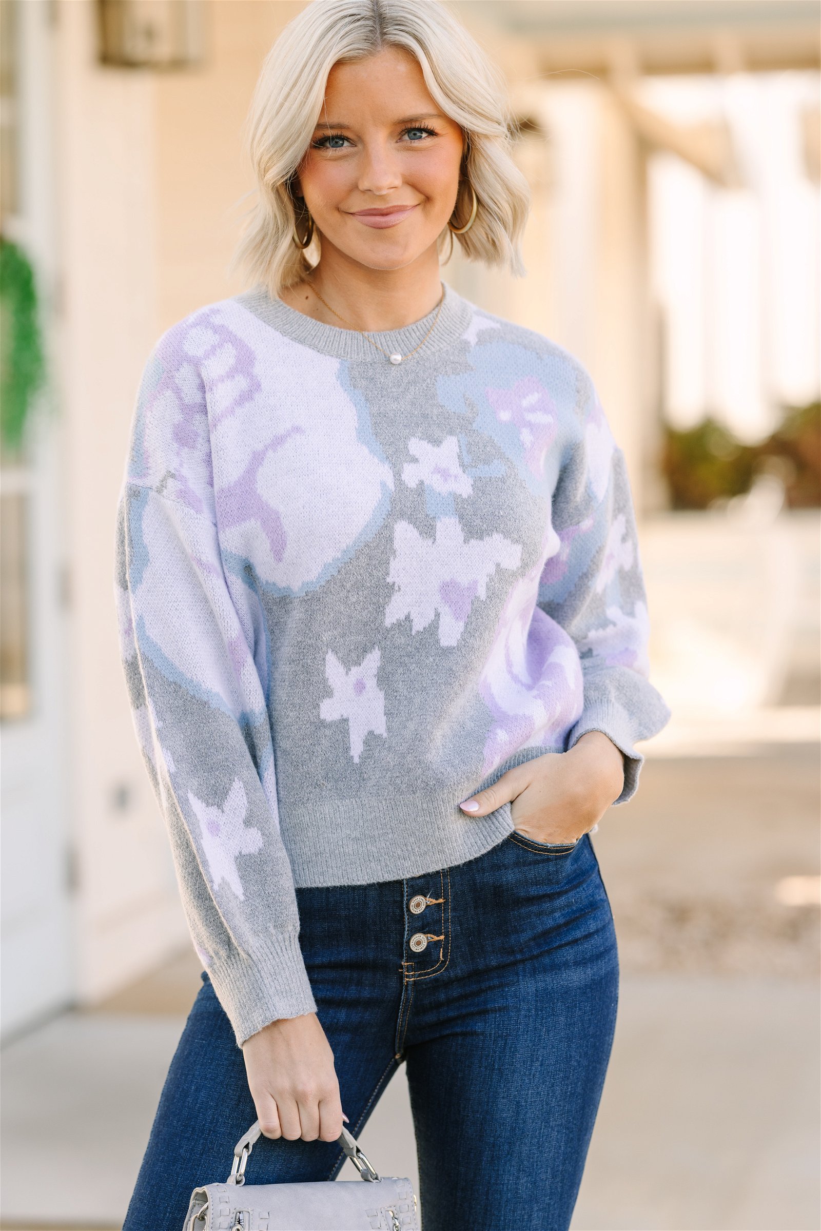 Chic Pursuits Blue Floral Sweater