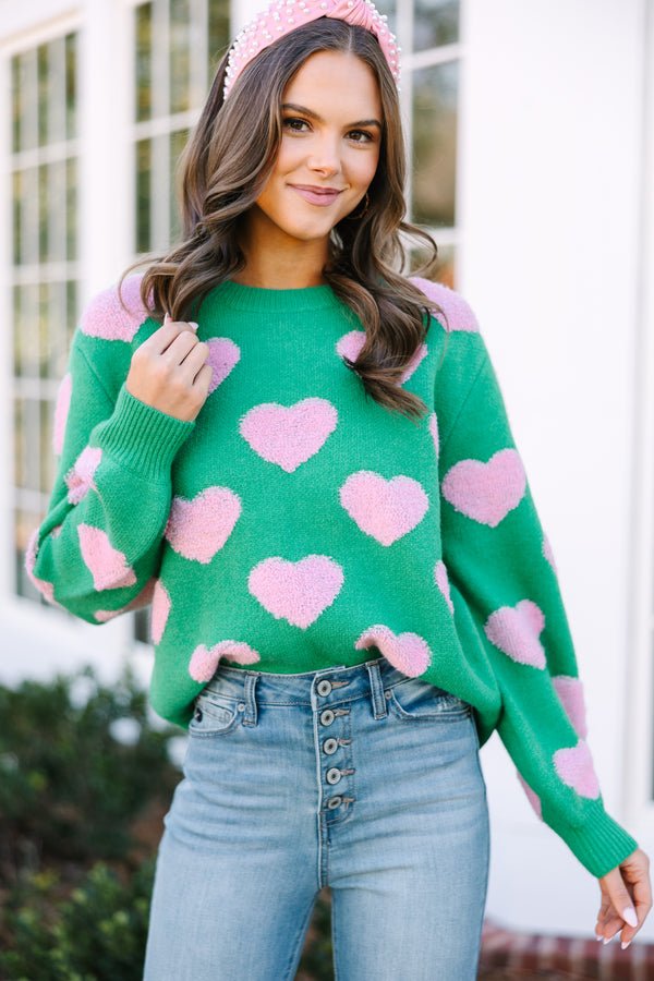 I'll Be there Green Fuzzy Heart Sweater