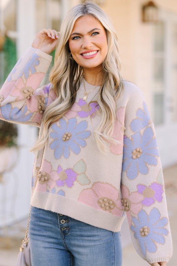 Easy To Love Beige Brown Floral Sweater