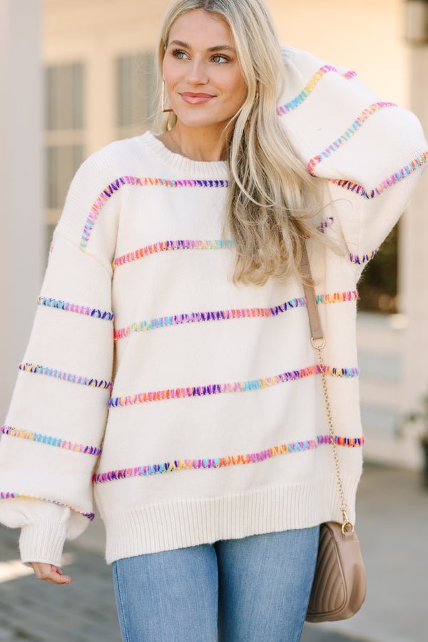 Stuck On You Cream White Rainbow Stitched Sweater