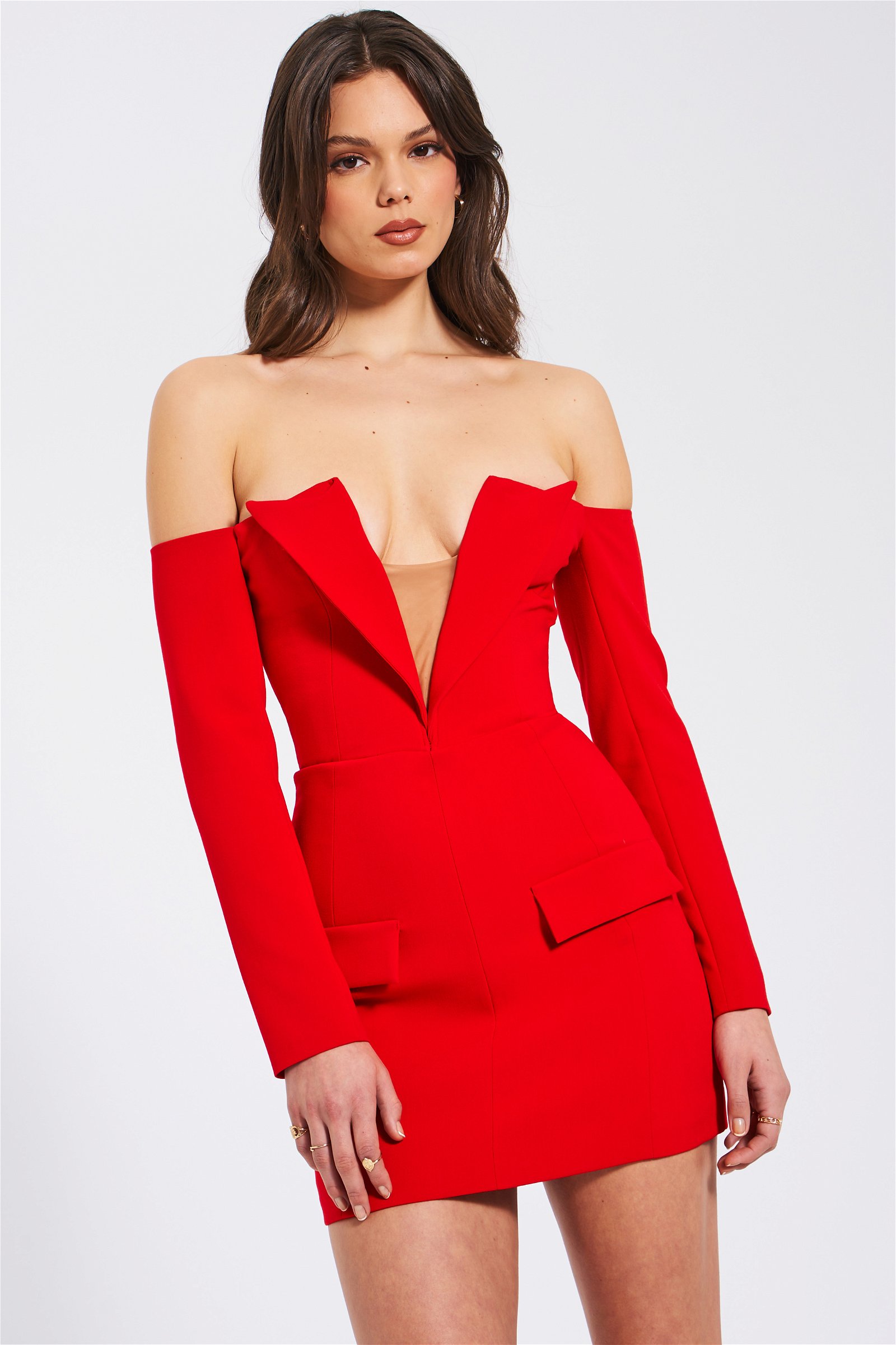 Polina Red Off Shoulder Long Sleeve Blazer Dress