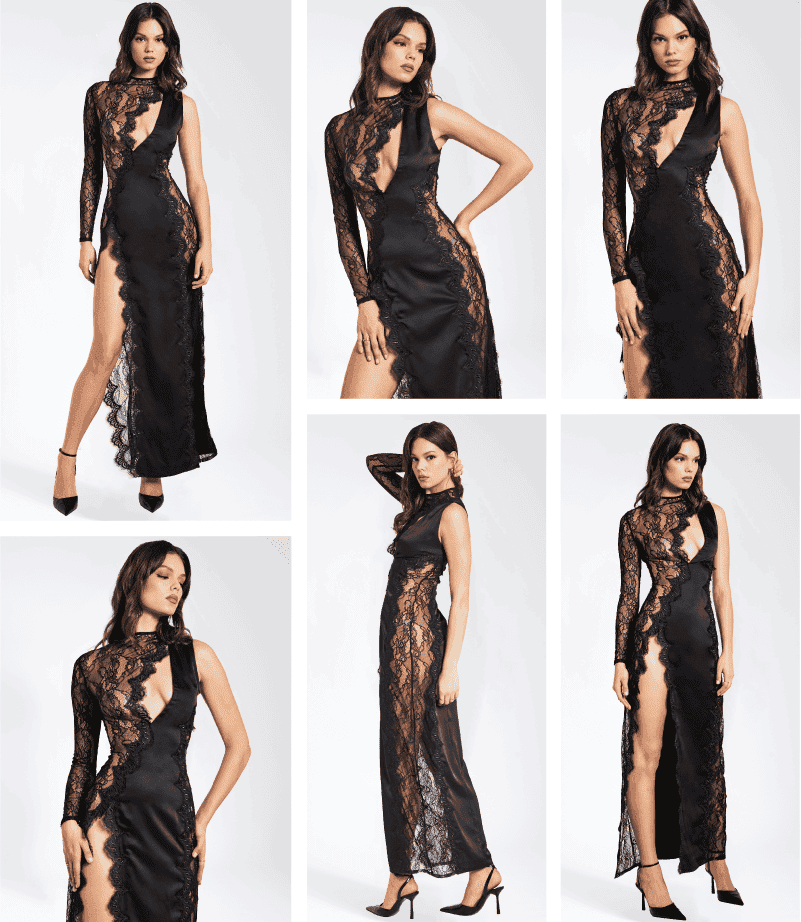 Weslyn Black Satin Lace High Slit Dress