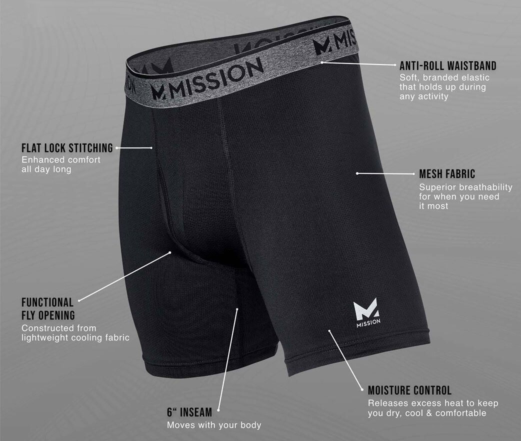 FLAT LOCK STITCHING Enhanced comfort all day long FUNCTIONAL FLY OPENING Constructed from lightweight cooling fabric 6" INSEAM Moves with your body MOISTURE CONTROL Releases excess heat to keep you dry, cool & Comfortable MESH FABRIC Superior Breathability for when you need it most ANTI-ROLL WAISTBAND Soft, branded elastic that holds up during any activity.