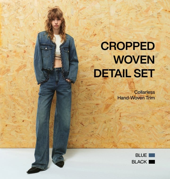 a model in blue jeans and a blue cropped woven denim set
