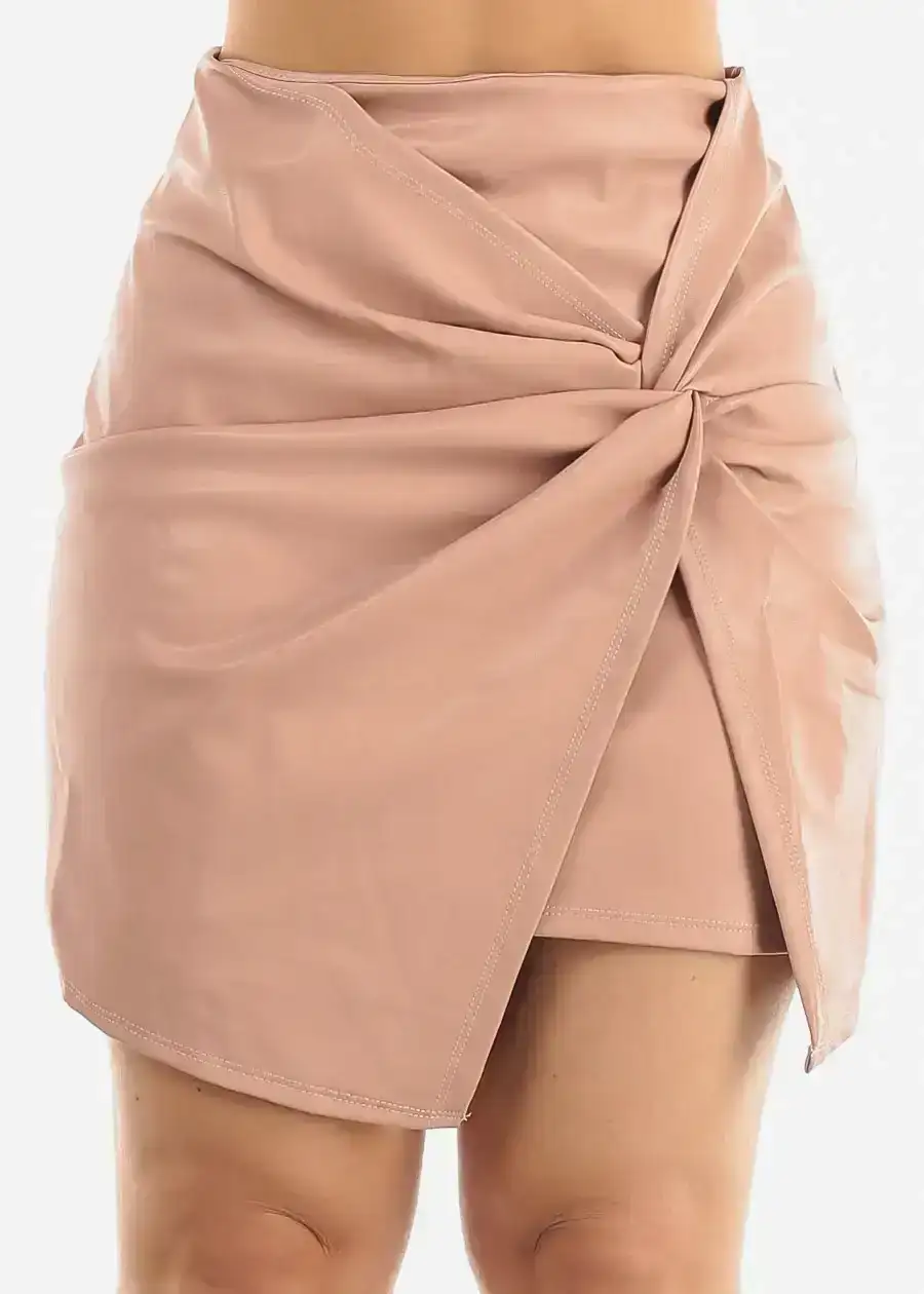 Image of Twist Front Vegan Leather Mini Skirt Mauve