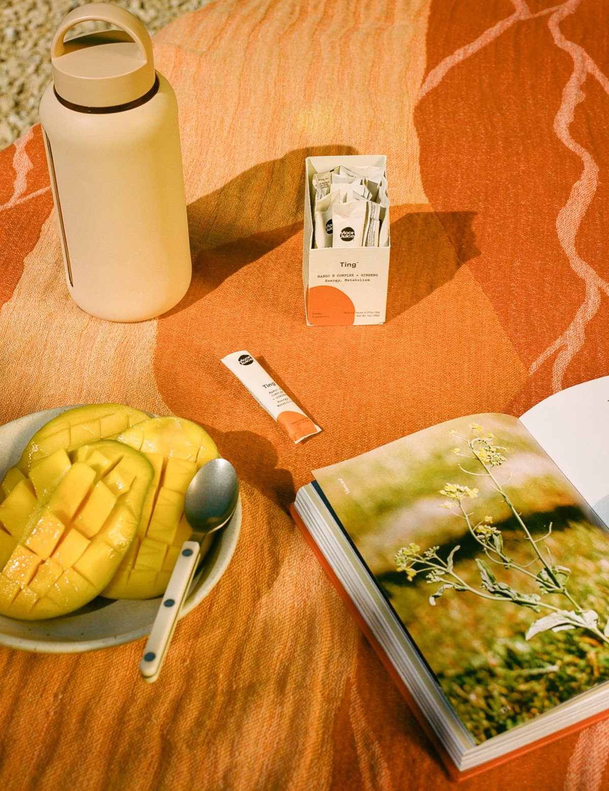 Ting packets on orange rug next to a plate of mango