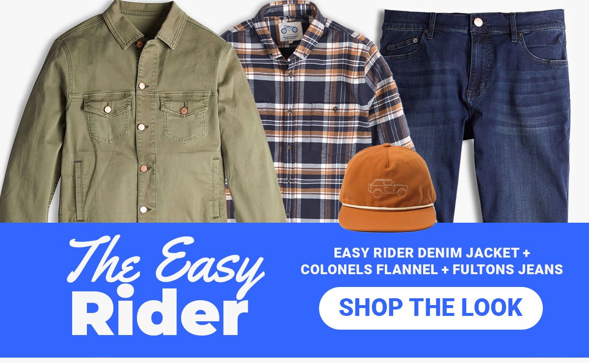 The Easy Rider. Easy rider denim jacket + colonels flannel + fultons jeans. Button: Shop the look