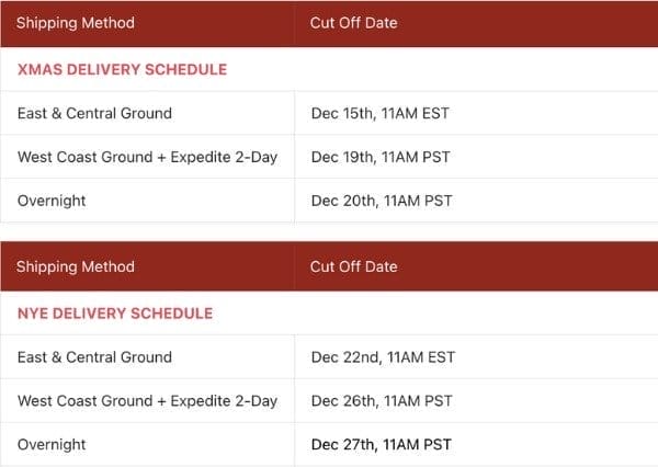 Christmas delivery schedule & cut-off
