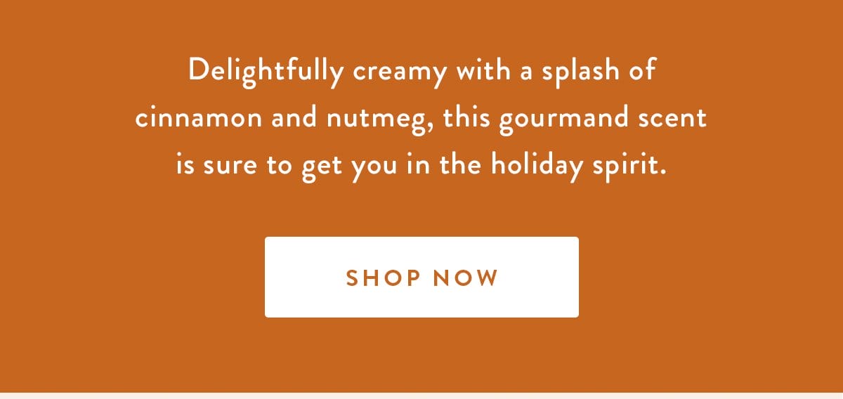 Cheers to Spiked Egg Nog | Delightfully creamy with a splash of cinnamon and nutmeg, this gourmand scent is sure to get you in the holiday spirit. | SHOP NOW