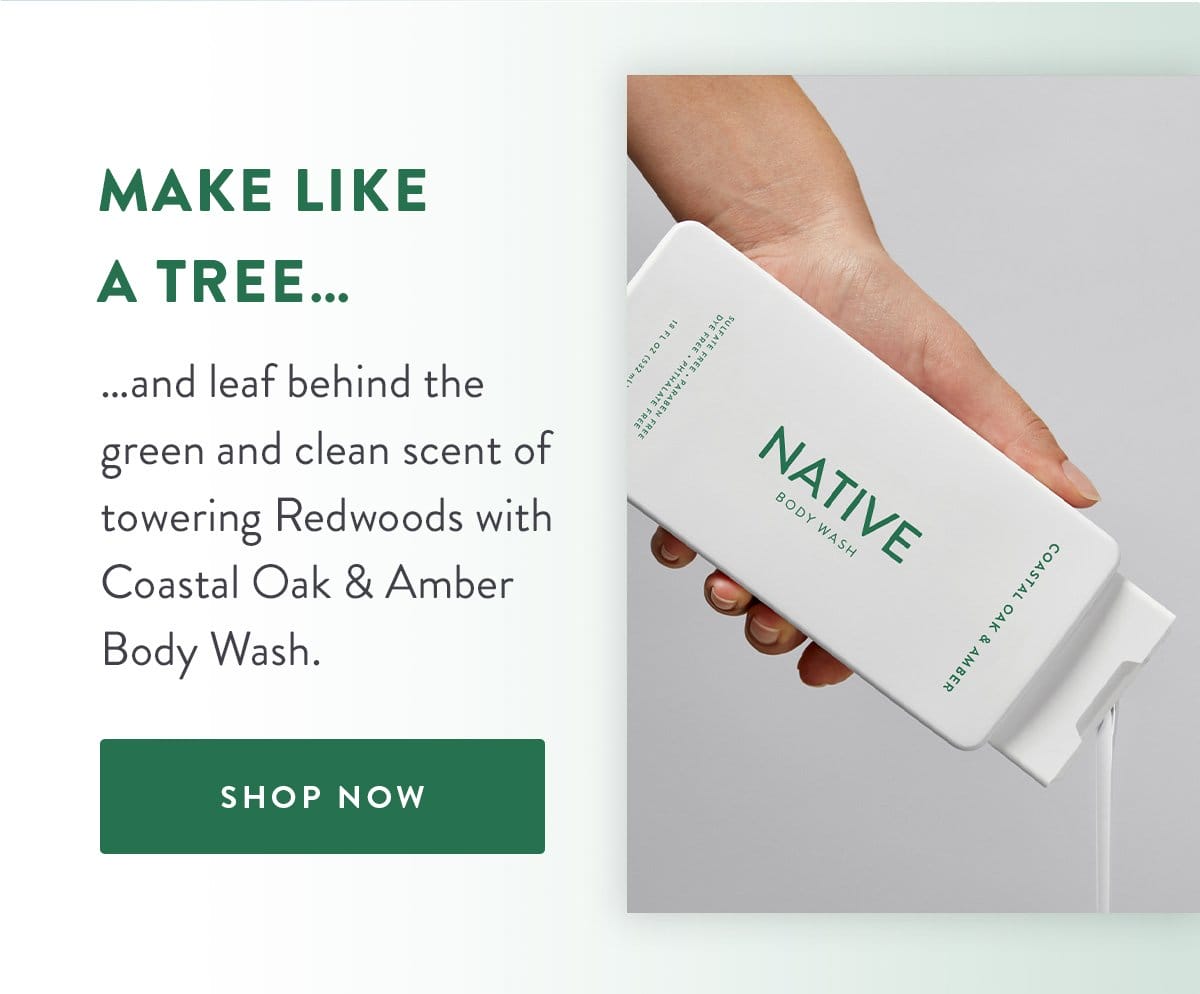 Make Like a Tree… | …and leaf behind the green and clean scent of towering Redwoods with Coastal Oak & Amber Body Wash. | SHOP NOW