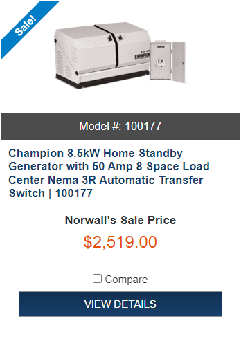 10% Off Champion 8.5kW Home Standby Generator with 50 Amp 8 Space Load Center Nema 3R Automatic Transfer Switch | 100177