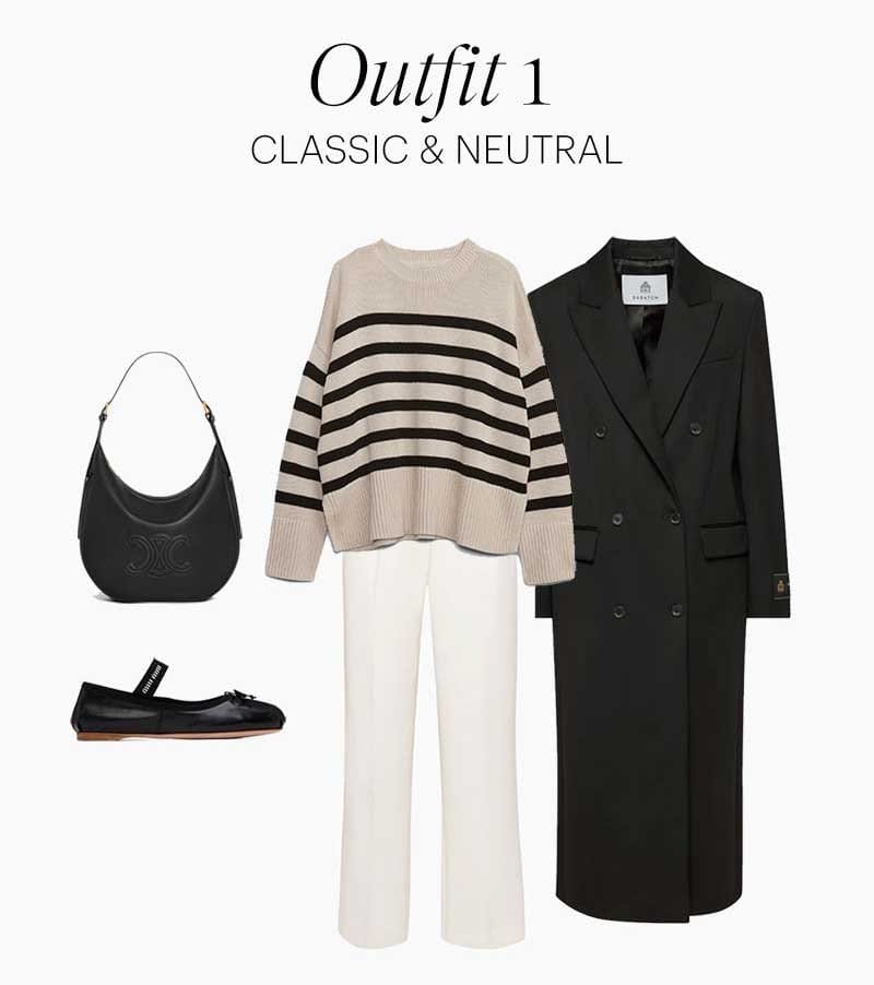 Outfit 1: Stripped sweater with trousers and trench coat