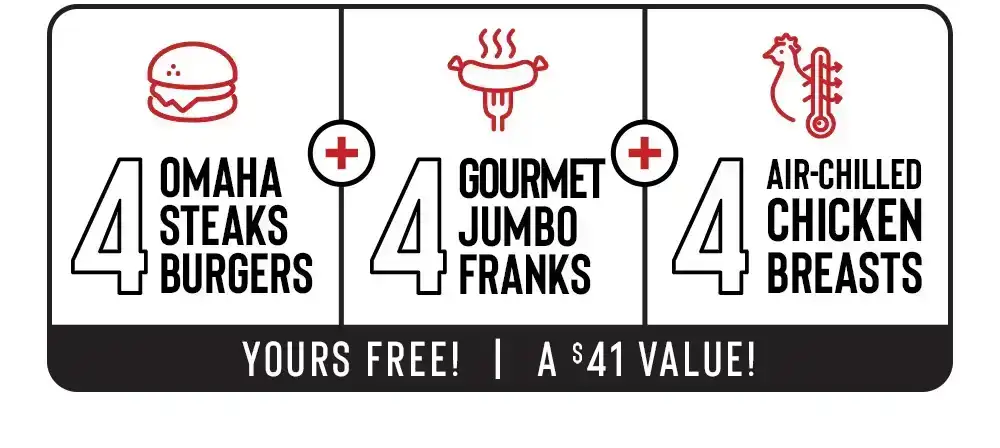4 OMAHA STEAKS BURGERS + 4 JUMBO GOURMET FRANKS + 4 AIR-CHILLED CHICKEN BREASTS - YOURS FREE! | A \\$41 VALUE!