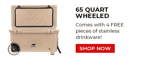 65 Quart Wheeled comes with 4 free pieces of drinkware