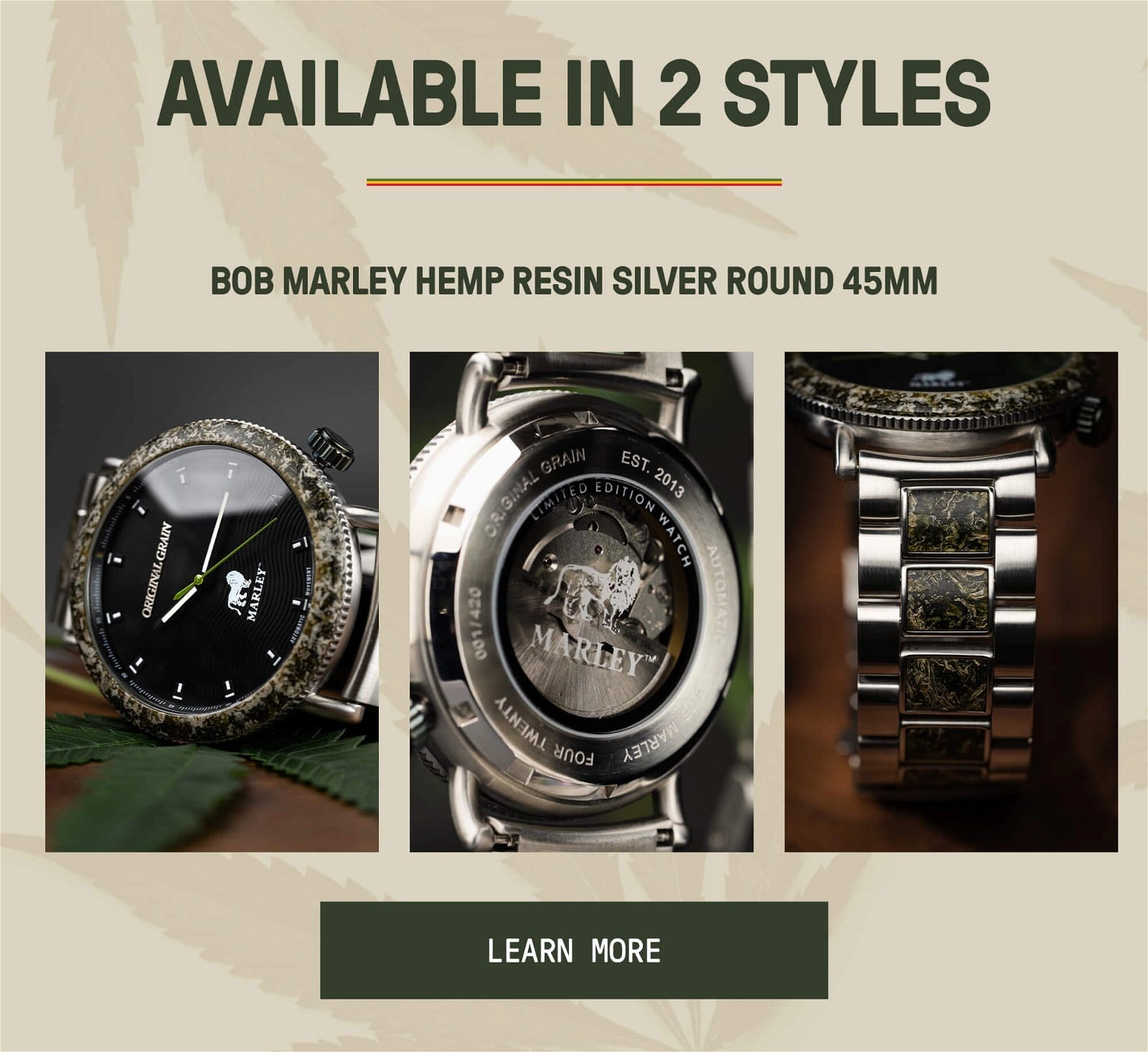 Click here to shop Original Grain x Bob Marley Hemp Edition Silver Round Automatic 45