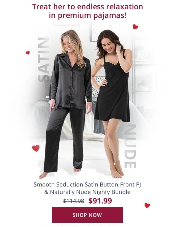Smooth Seduction Satin Button-Front PJ & Naturally Nude Nighty - Black