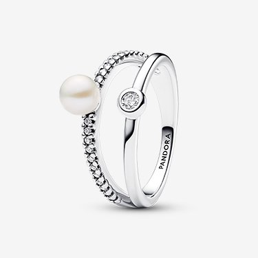 Treated Freshwater Cultured Pearl & Pavé Double Band Ring