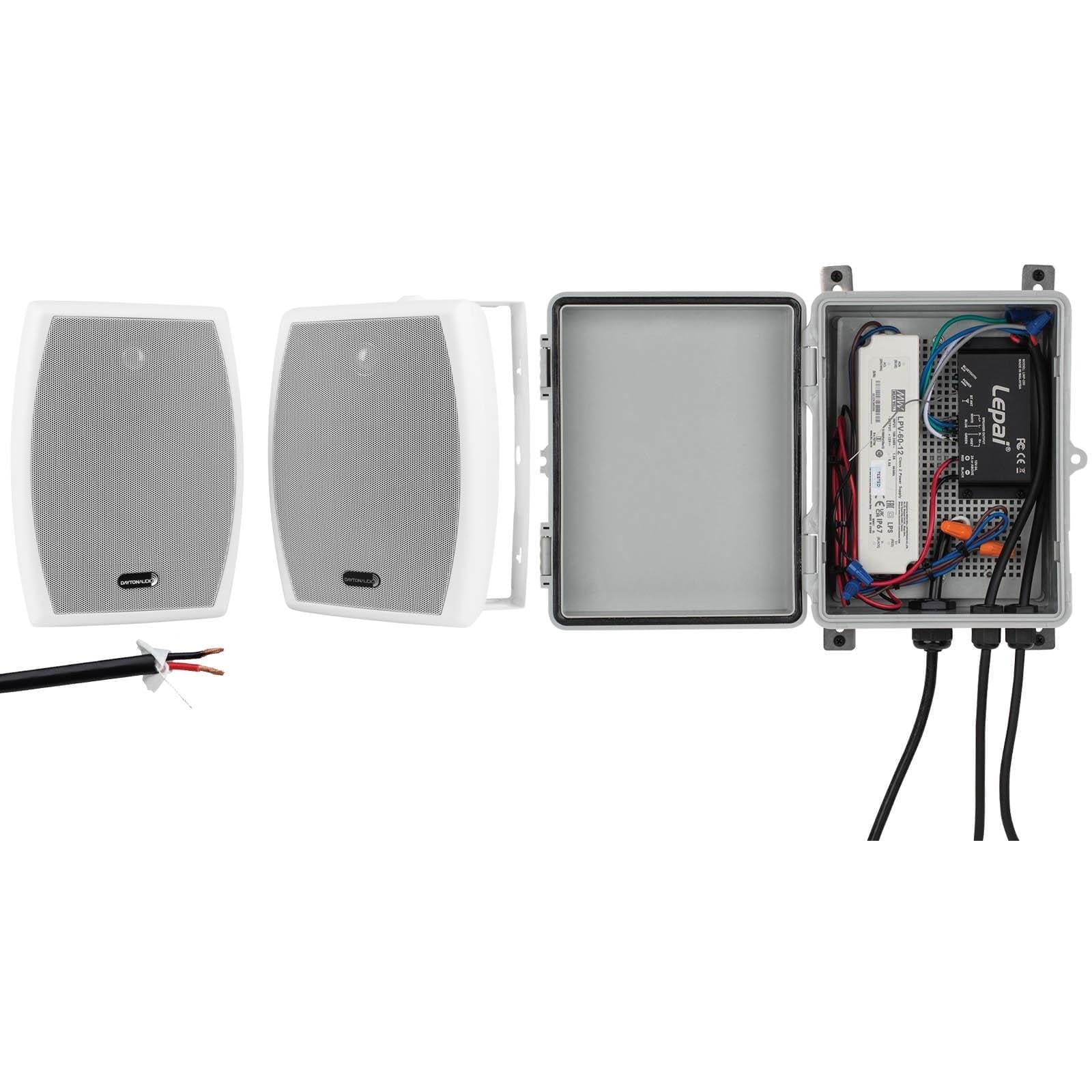 Image of 2 x 30W Outdoor Bluetooth 5.0 Amplifier Kit with AC Cord Outdoor Speakers and 100 ft. Speaker Wire