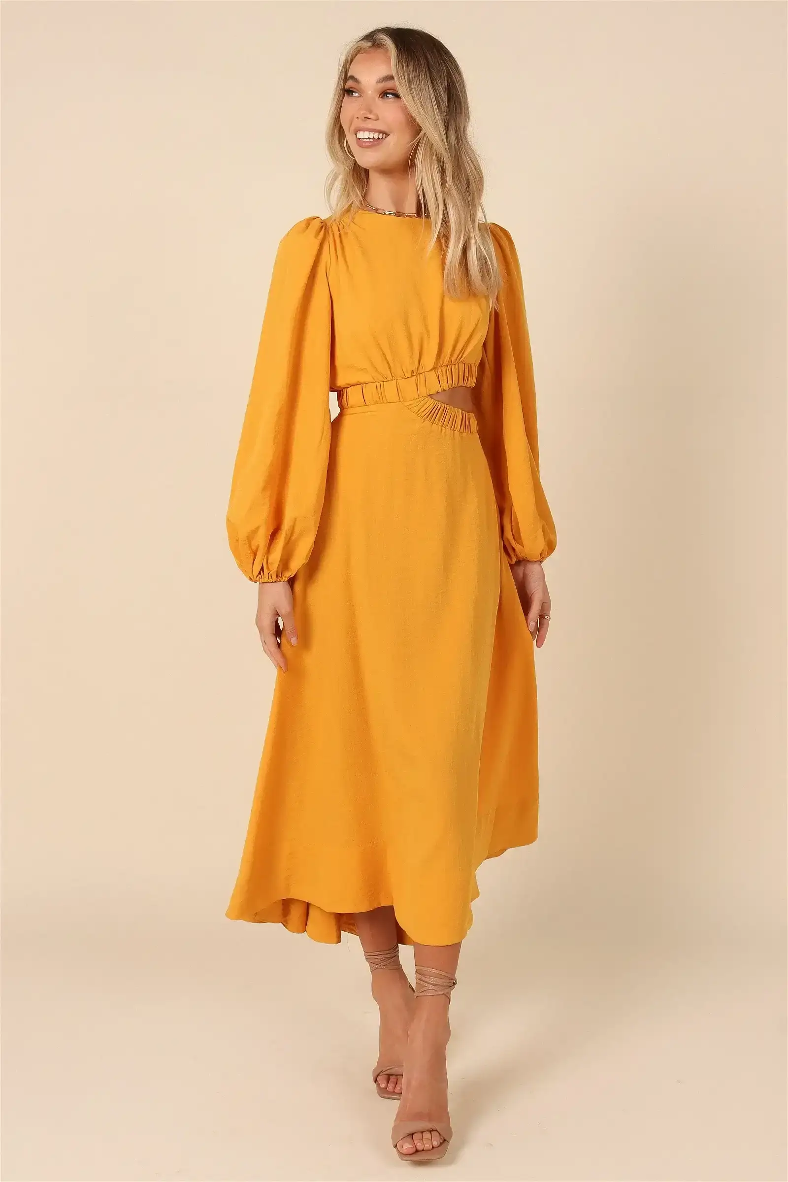 Image of Ginnee Puff Sleeve Cutout Midi Dress - Mustard