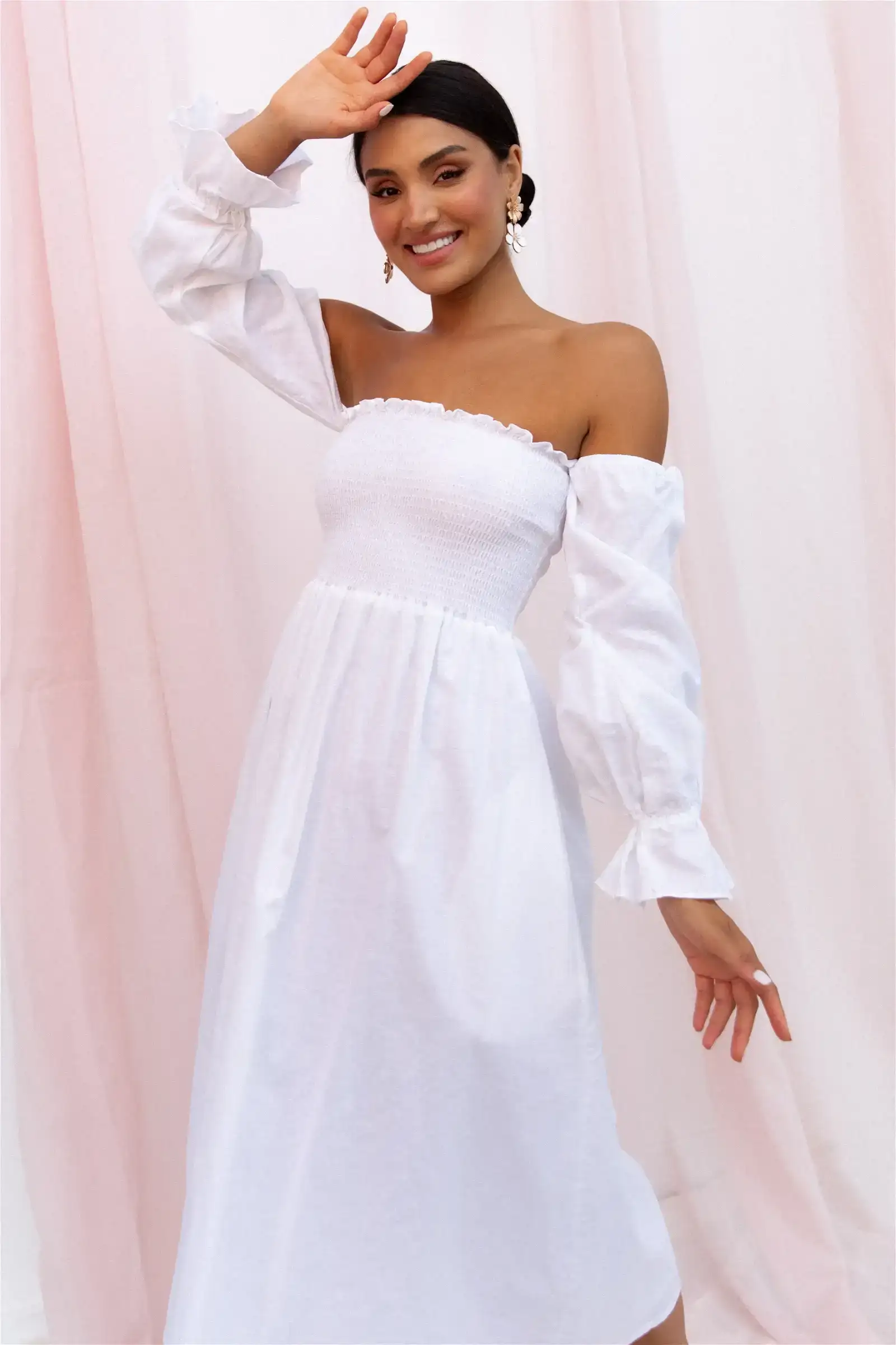 Image of Domenica Shirred Long Sleeve Midi Dress - White