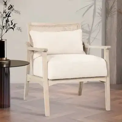 Upholstered Accent Chair with Round Rattan Back and Lumbar Pillow