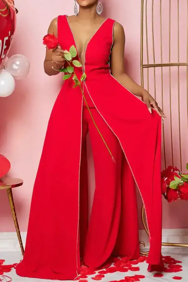 Rhinestone Trim Chic Layered High Split Jumpsuit