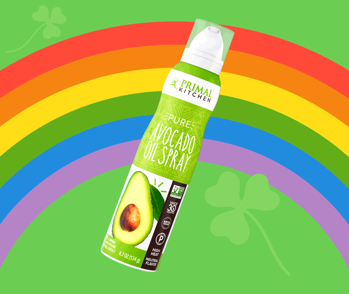 Avocado Oil spray with rainbow background