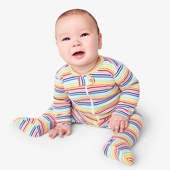 Baby organic zip footie in mini rainbow stripe