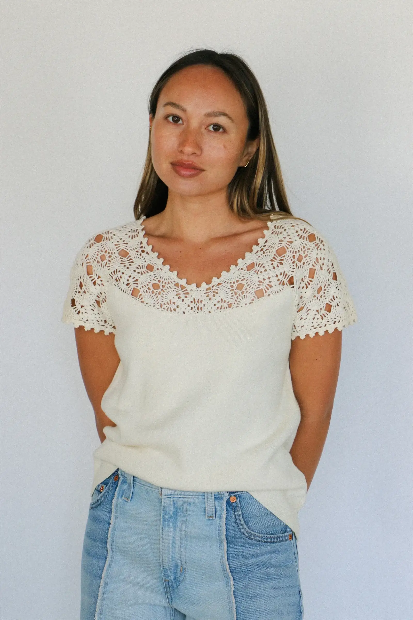 Image of Ivory Crochet + Cotton Top