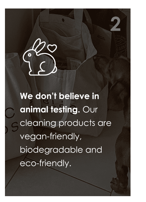 We don’t believe in animal testing. Our cleaning products are vegan-friendly, biodegradable and eco-friendly.