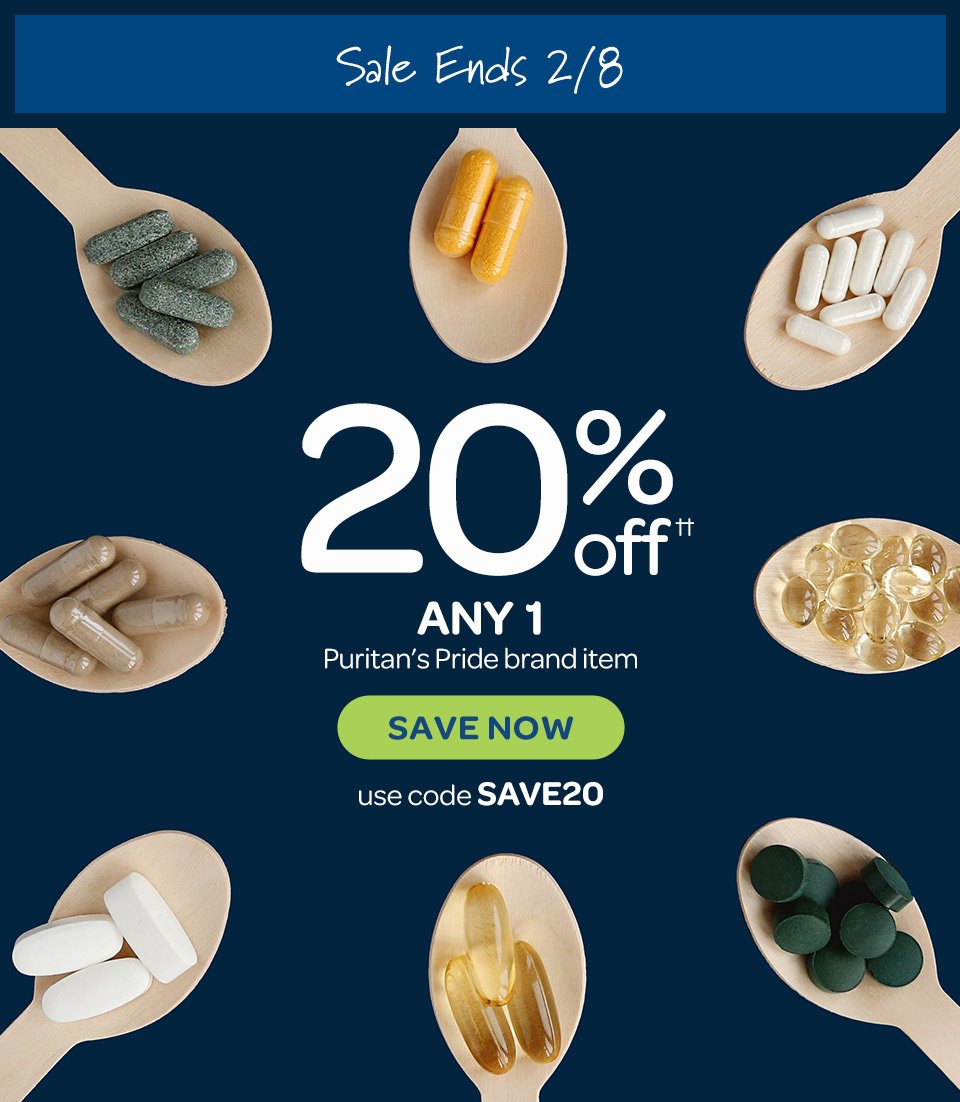 20% off any 1 on Puritan's Pride® brand item. Ends 2/8/2024. Use code SAVE20. Save now.