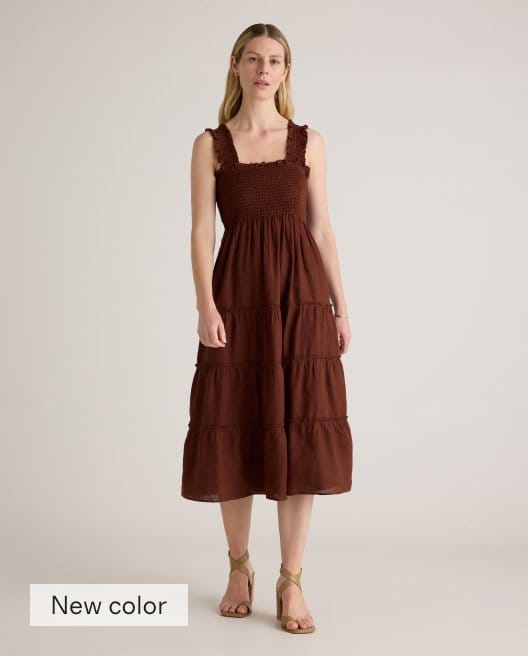 100% European Linen Smocked Midi Dress