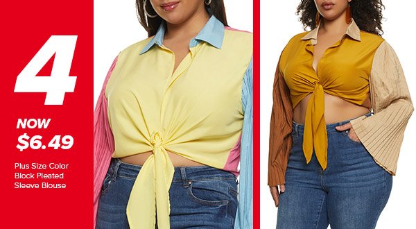 Plus Size Color Block Pleated Sleeve Blouse
