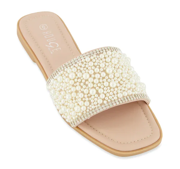 Rhinestone Trim Faux Pearl Band Slide Sandals