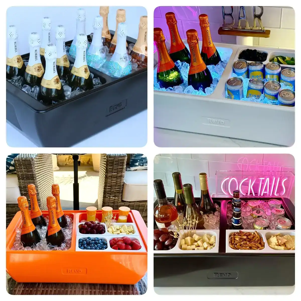 REVO Party Coolers are insulated for longer lasting ice and no condensation. Create your own all-in-one bar station set up from Mimosa bars to Bloody Mary bars.